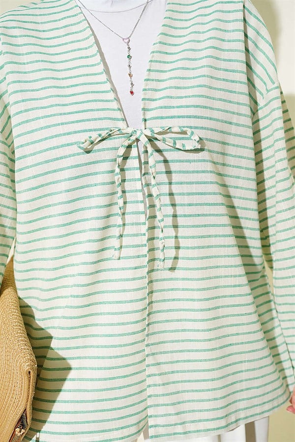 Horizontal Striped Lace-Up Kimono, Green