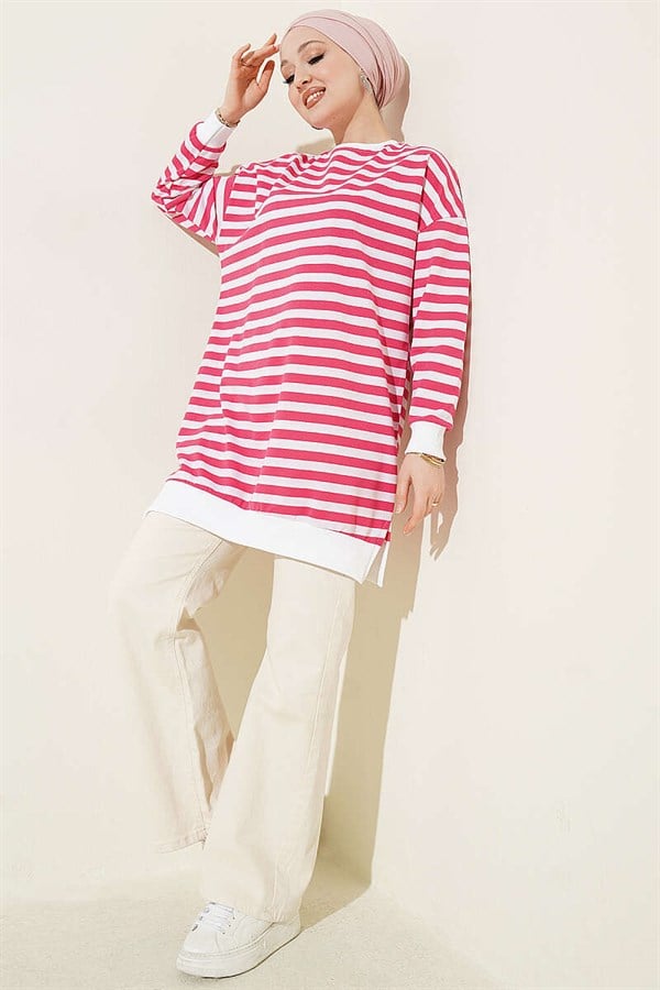 Horizontal Wide Striped Tunic, Fuchsia