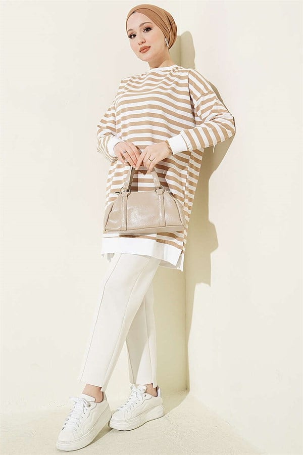 Horizontal Wide Striped Tunic Latte