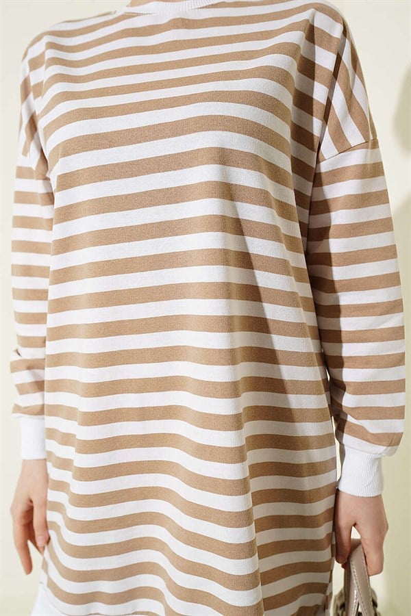 Horizontal Wide Striped Tunic Latte