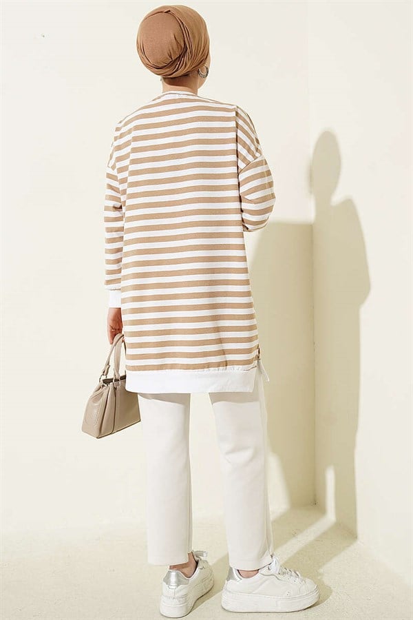 Horizontal Wide Striped Tunic Latte