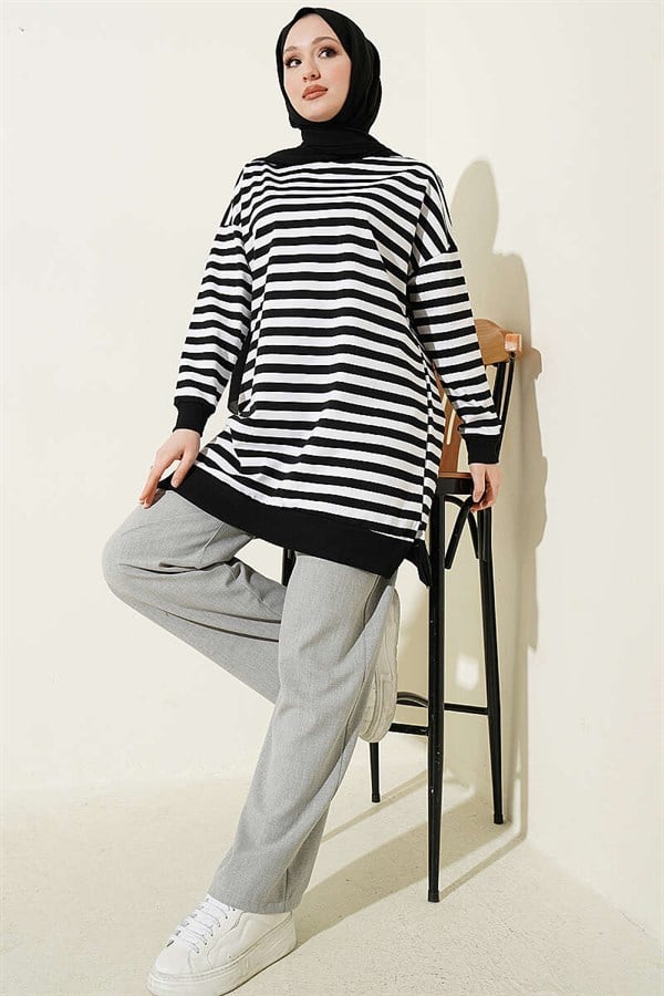 Horizontal Wide Striped Tunic Black