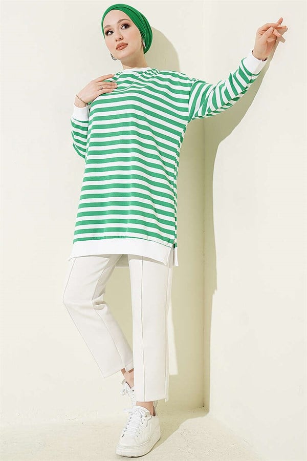 Horizontal Wide Striped Tunic Green