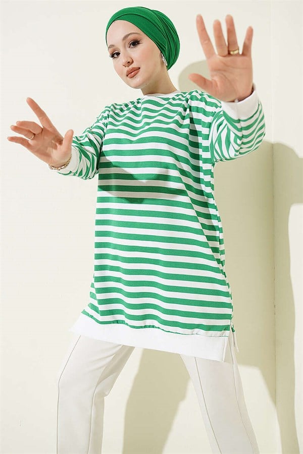 Horizontal Wide Striped Tunic Green