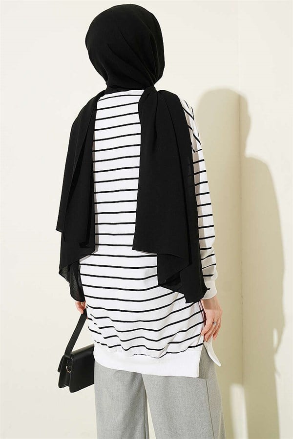 Horizontal Striped Ribbed Tunic, White