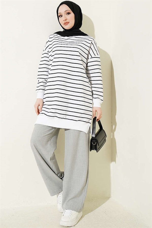 Horizontal Striped Ribbed Tunic, White