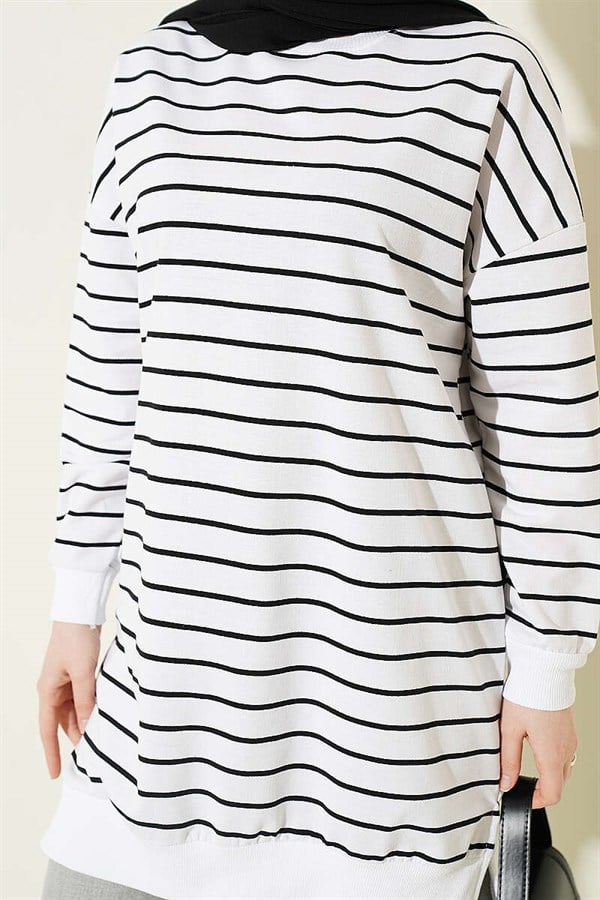 Horizontal Striped Ribbed Tunic, White