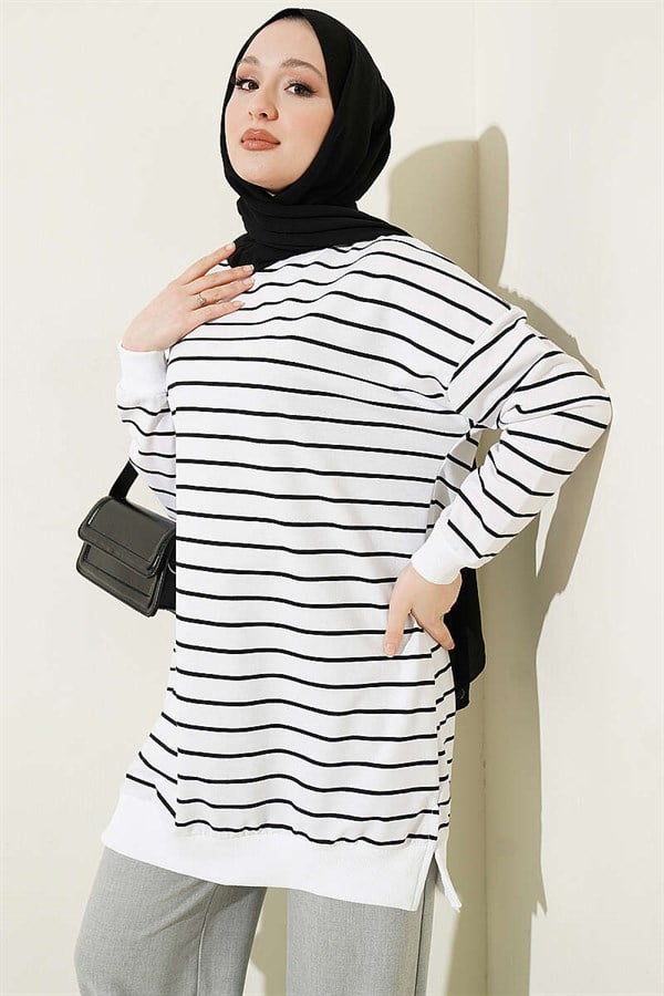 Horizontal Striped Ribbed Tunic, White