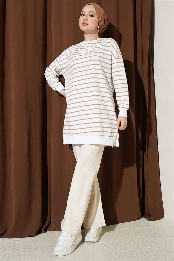 Horizontal Striped Ribbed Tunic Latte
