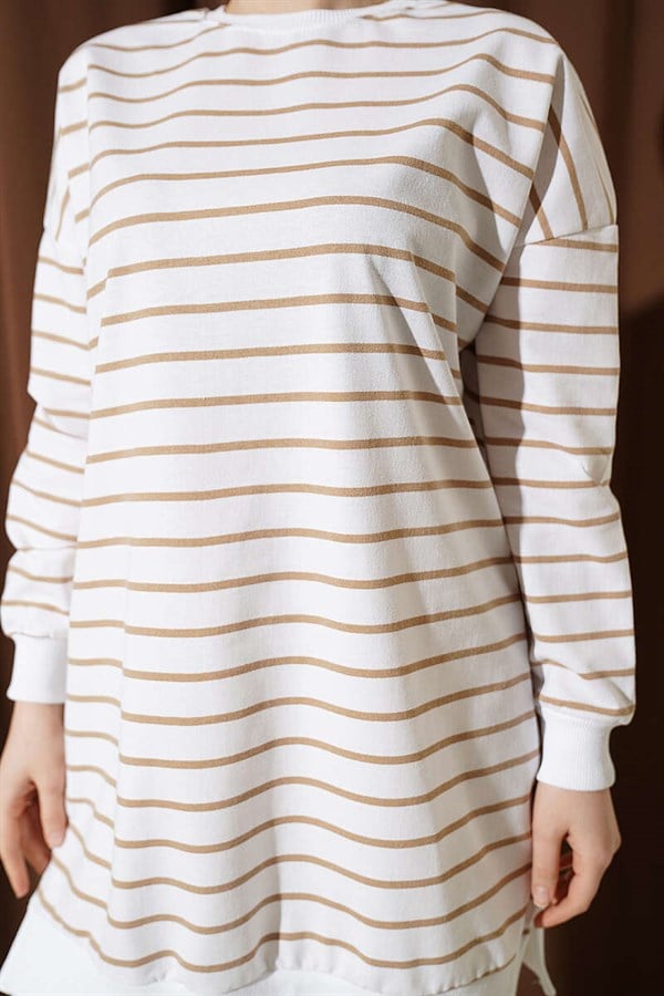 Horizontal Striped Ribbed Tunic Latte