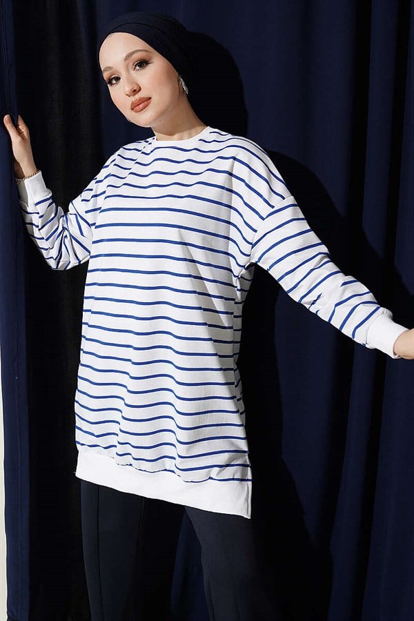 Horizontal Striped Ribbed Tunic in Navy Blue