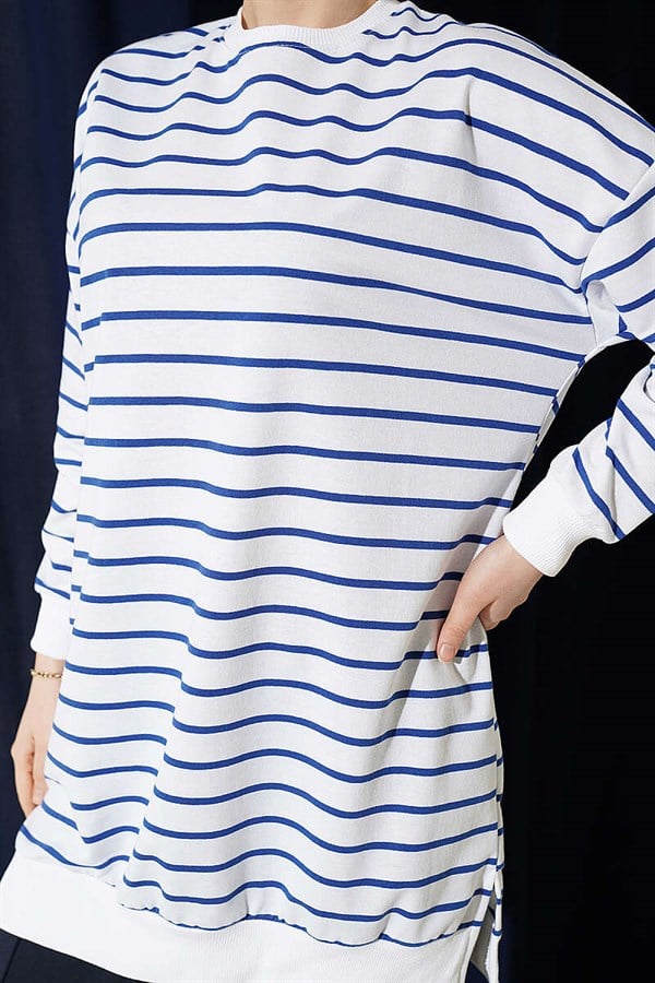 Horizontal Striped Ribbed Tunic in Navy Blue