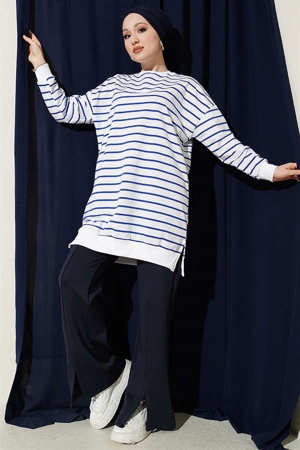 Horizontal Striped Ribbed Tunic in Navy Blue