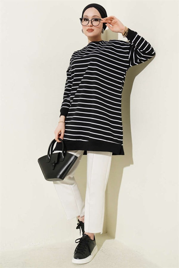 Horizontal Striped Ribbed Tunic, Black