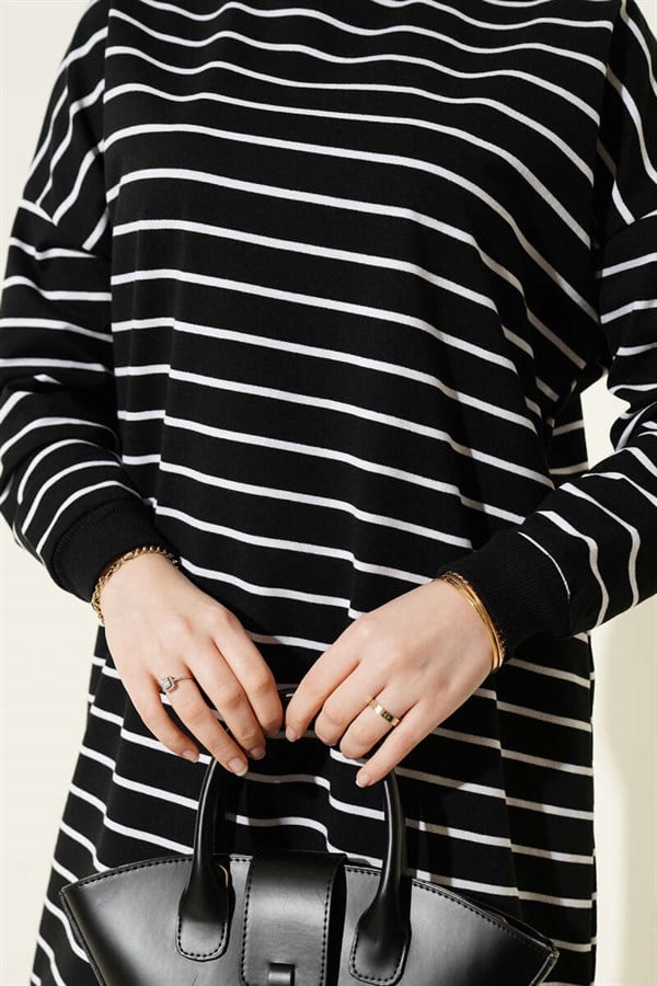 Horizontal Striped Ribbed Tunic, Black
