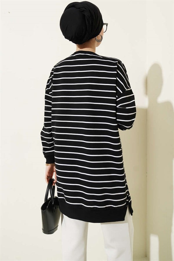 Horizontal Striped Ribbed Tunic, Black
