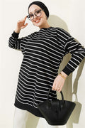 Horizontal Striped Ribbed Tunic, Black