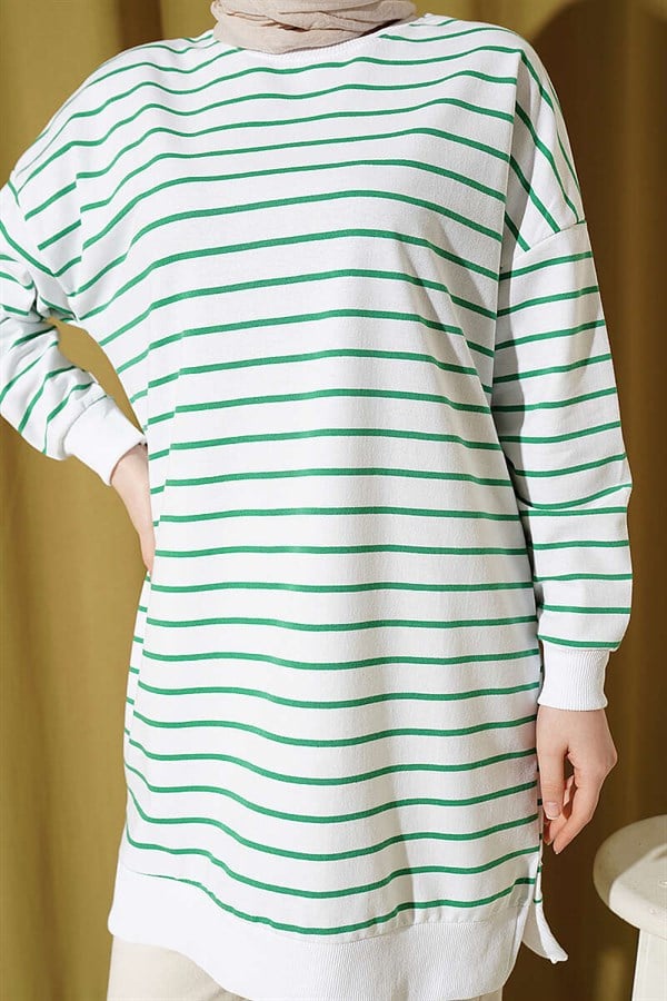 Horizontal Striped Ribbed Tunic, Green