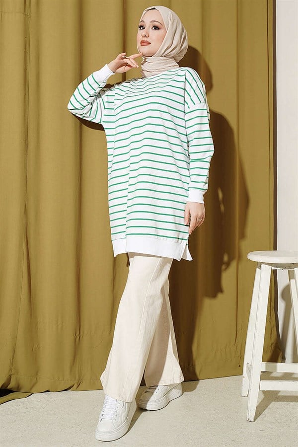 Horizontal Striped Ribbed Tunic, Green