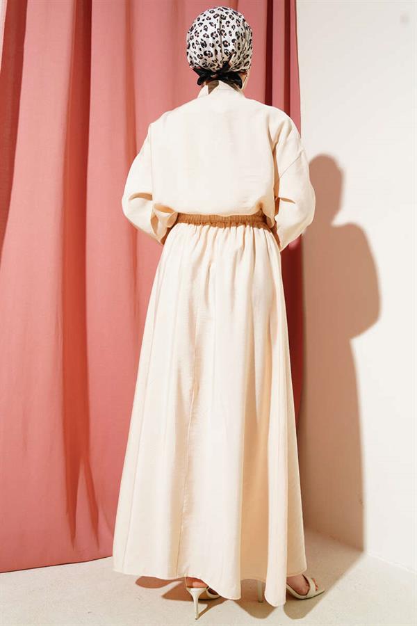 Horizontal Pleat Detailed Skirted 2 Piece Set Beige