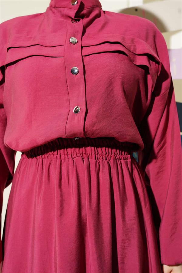 Horizontal Pleat Detailed Skirted 2 Piece Set Burgundy