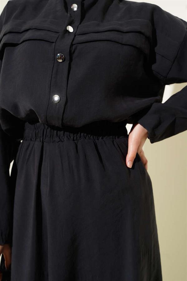 Horizontal Pleat Detailed Skirted 2 Piece Set Black