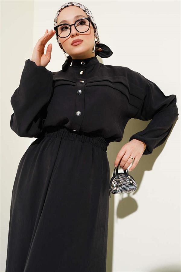 Horizontal Pleat Detailed Skirted 2 Piece Set Black