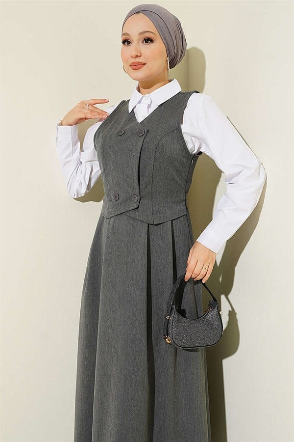 Buttoned Vest-Style Gilet Dress in Smoke Grey