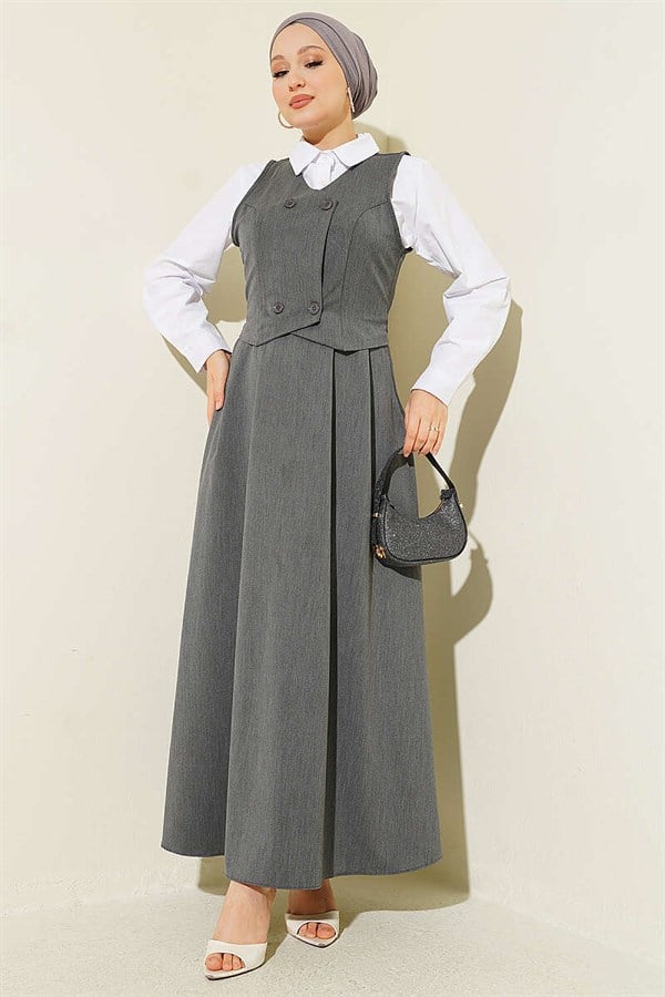 Buttoned Vest-Style Gilet Dress in Smoke Grey