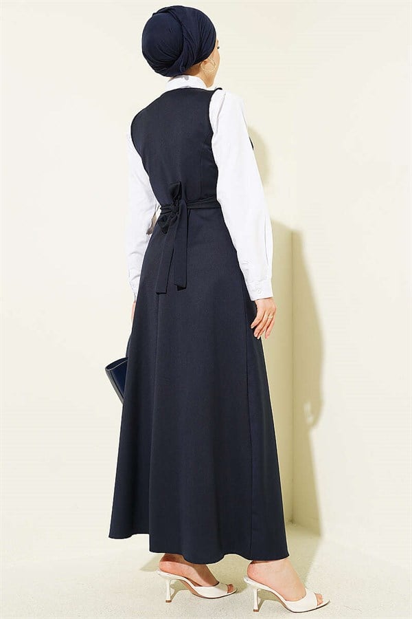 Vest-Style Buttoned Gilet Dress Navy Blue