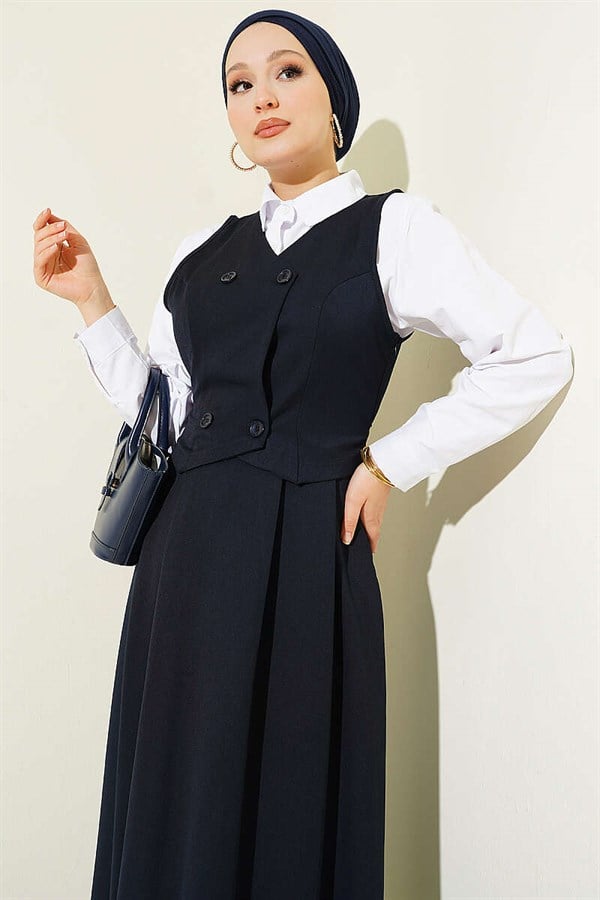 Vest-Style Buttoned Gilet Dress Navy Blue