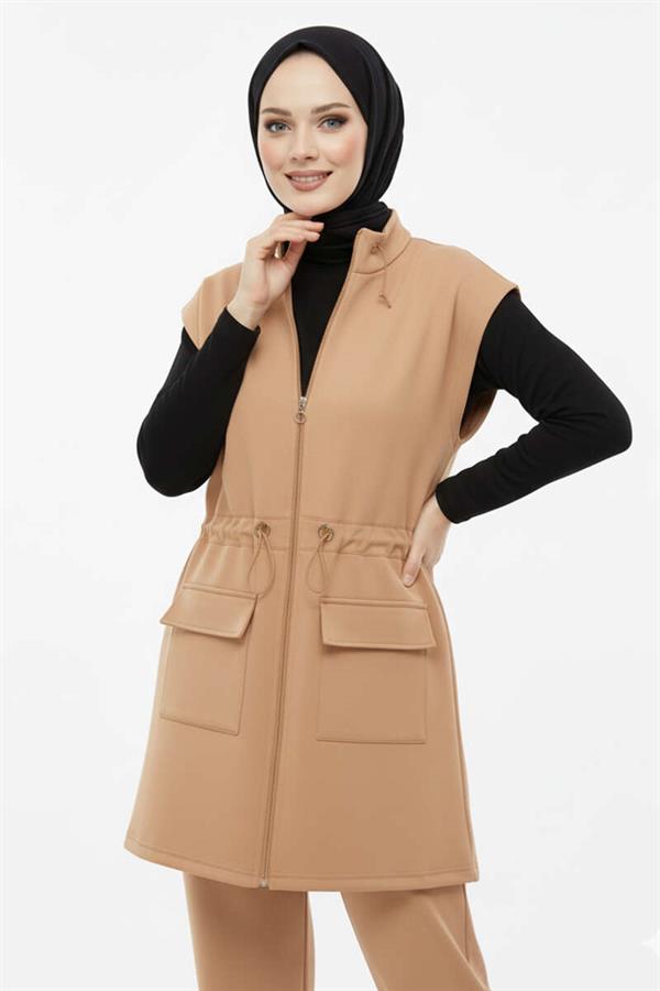 Camel Vested Waist Elastic Detailed 2 Piece Set
