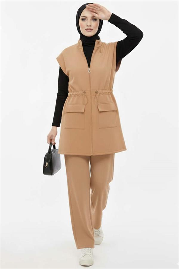 Camel Vested Waist Elastic Detailed 2 Piece Set