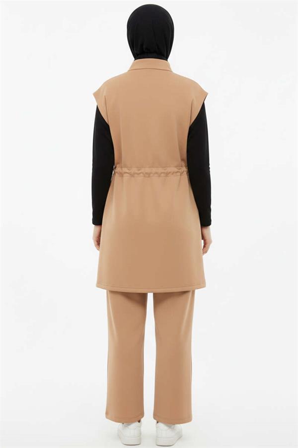 Camel Vested Waist Elastic Detailed 2 Piece Set