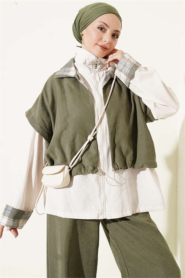 Vest and Zip-Up 2 Piece Set, Khaki