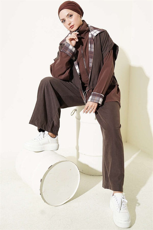 Vest and Zip-Up 2 Piece Set, Coffee Color