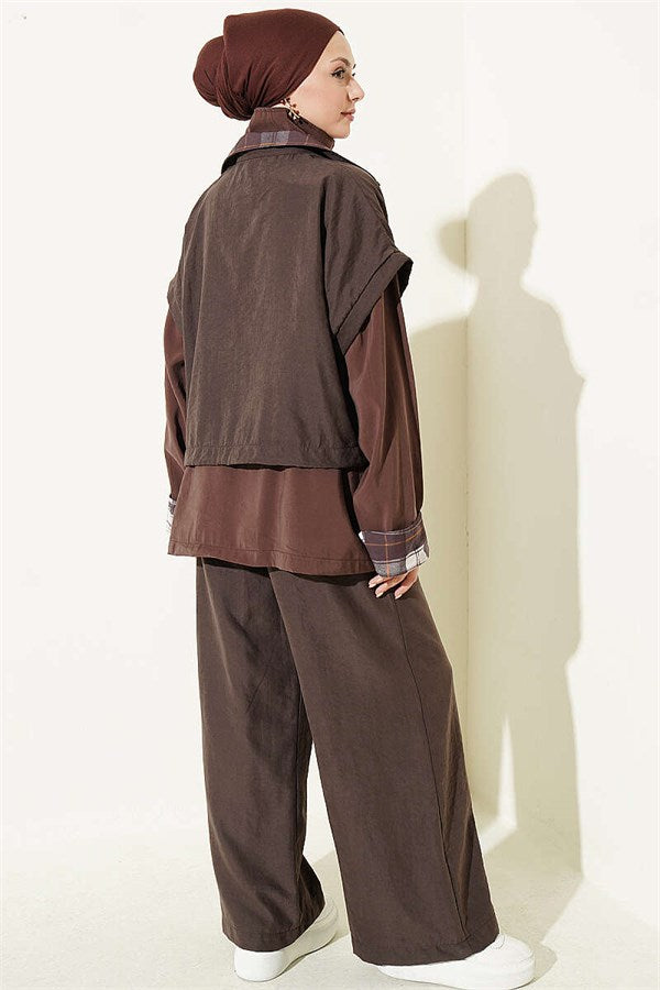 Vest and Zip-Up 2 Piece Set, Coffee Color
