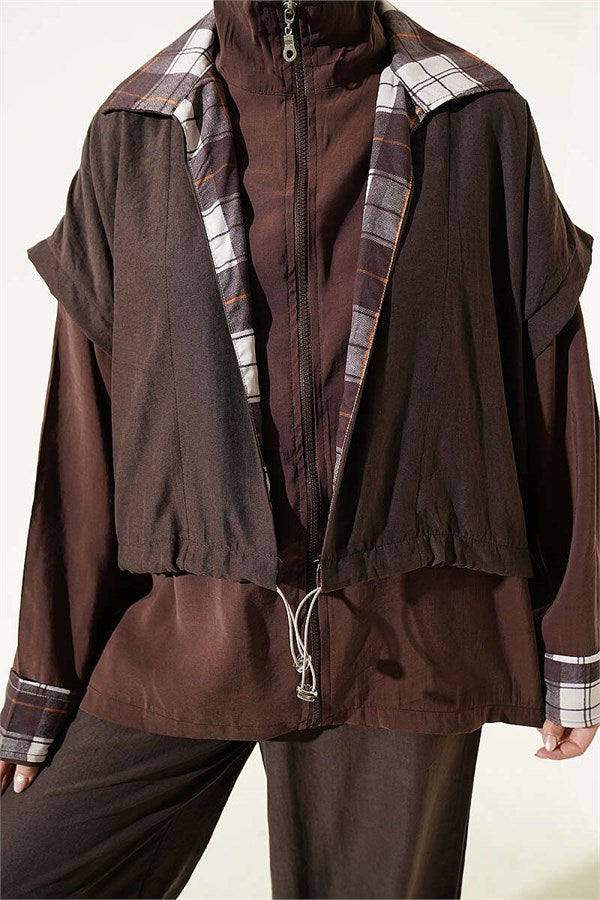 Vest and Zip-Up 2 Piece Set, Coffee Color