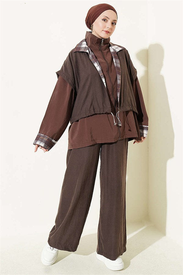Vest and Zip-Up 2 Piece Set, Coffee Color
