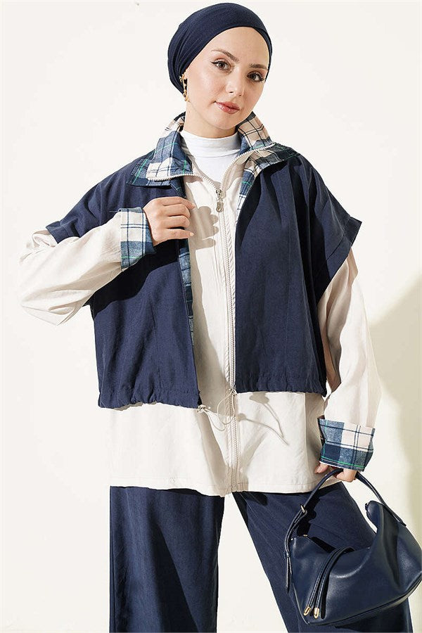 Vest and Zip-Up 2 Piece Set, Navy Blue