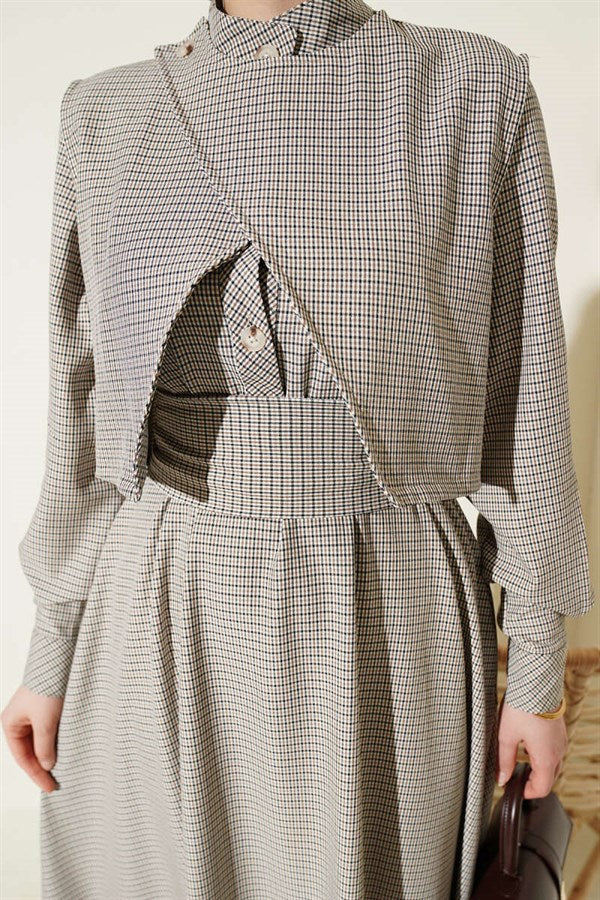 Mustard Gingham Patterned Belted Dress with Vest