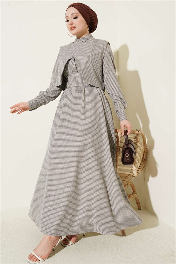 Mustard Gingham Patterned Belted Dress with Vest