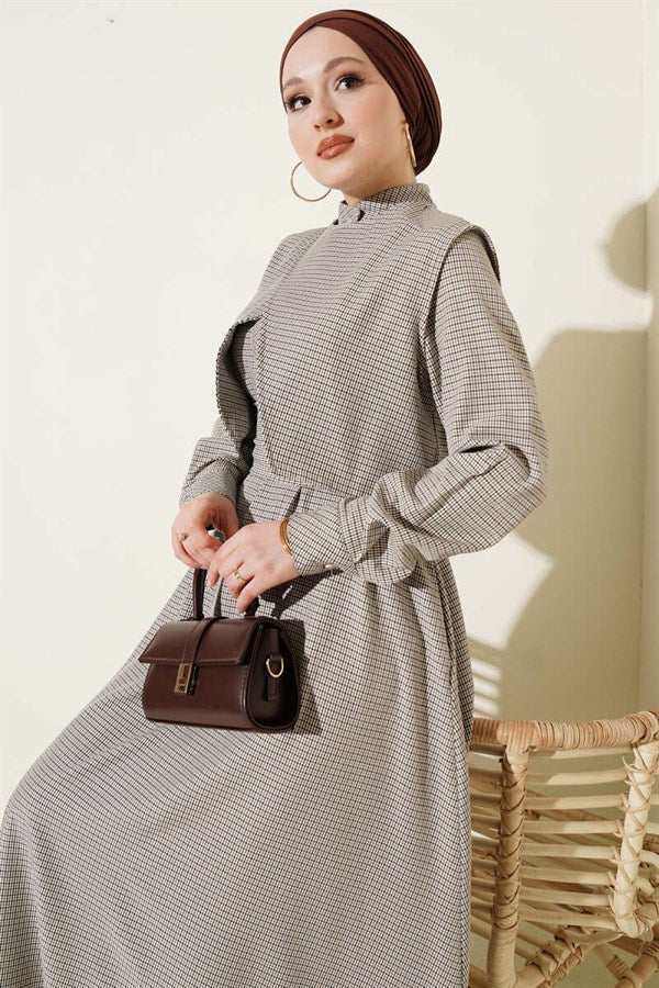 Mustard Gingham Patterned Belted Dress with Vest
