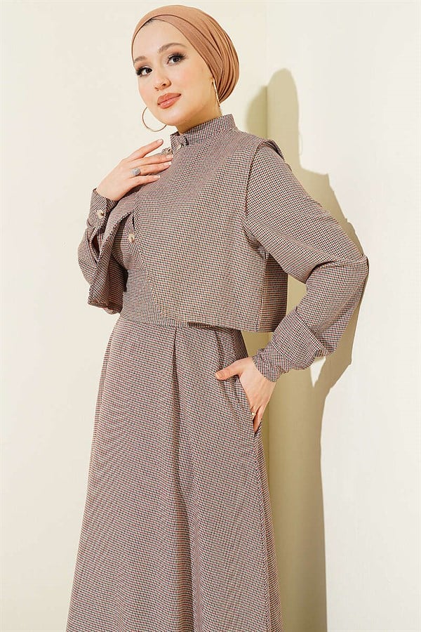 Gingham Patterned Belted Dress with Vest, Coffee