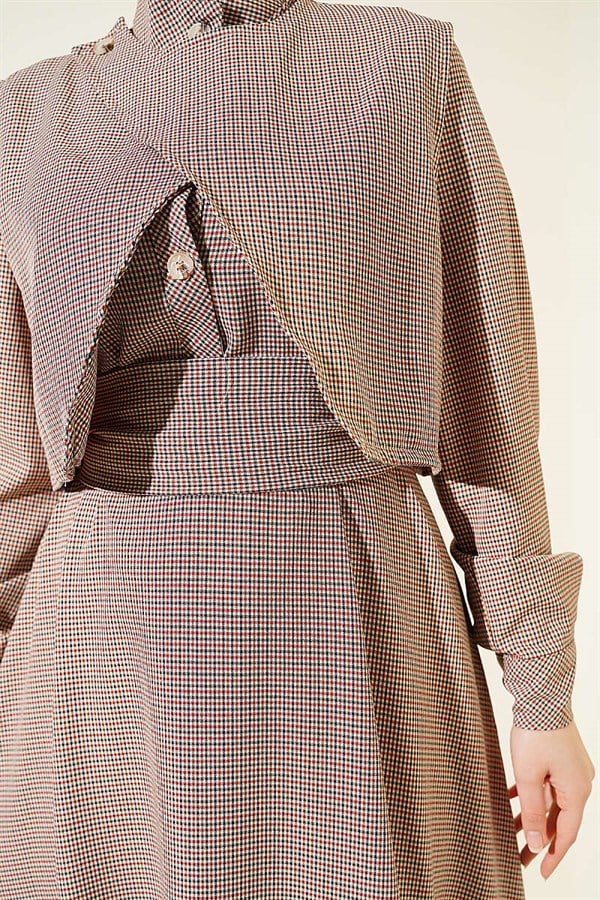 Gingham Patterned Belted Dress with Vest, Coffee