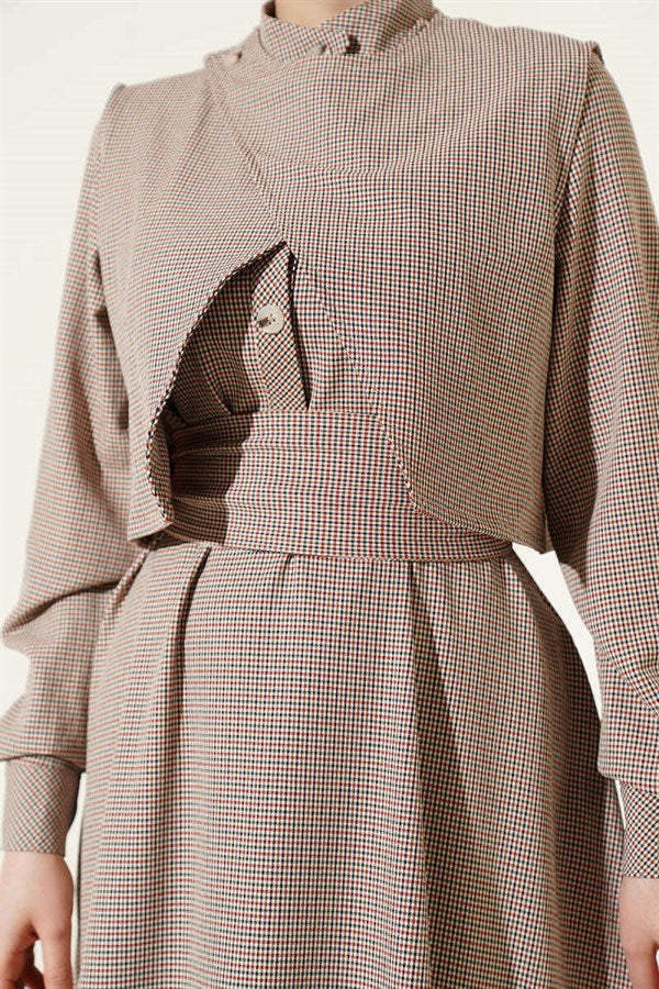 Navy Blue Gingham Patterned Belted Dress with Vest