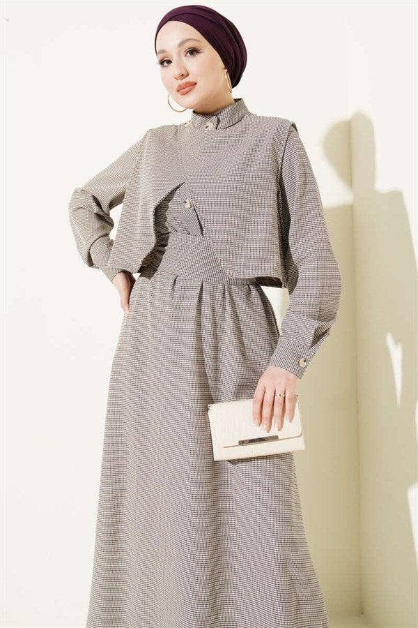 Vest-style gingham belted dress in lilac.