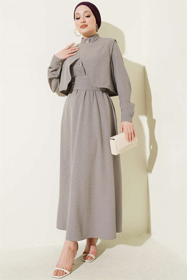 Vest-style gingham belted dress in lilac.