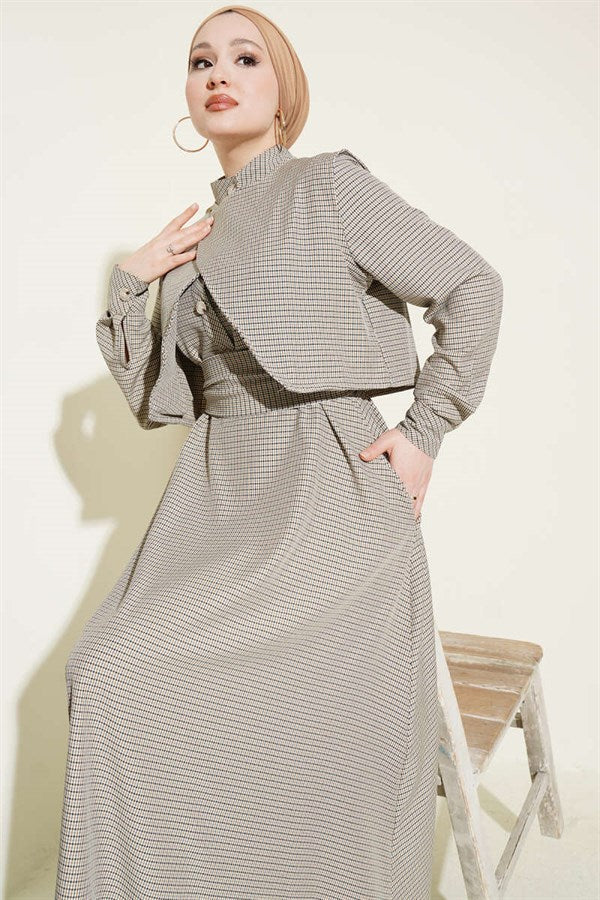 Black Gingham Patterned Belted Dress with Vest