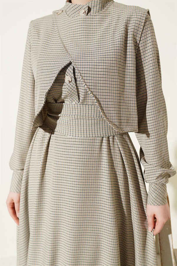 Black Gingham Patterned Belted Dress with Vest